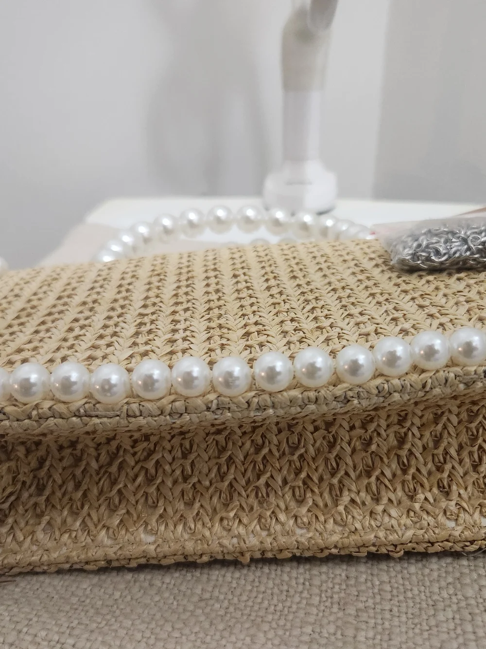 Pearl-Trim Straw Tote Bag in Cream! - Picture 7 of 8